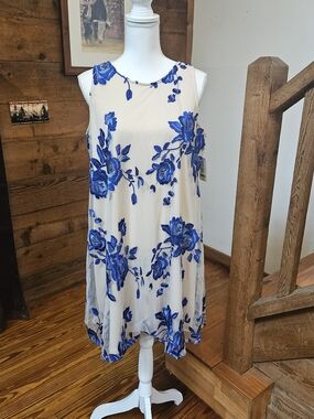 Beige by eci Cream Midi Dress with Blue Floral Embroidery